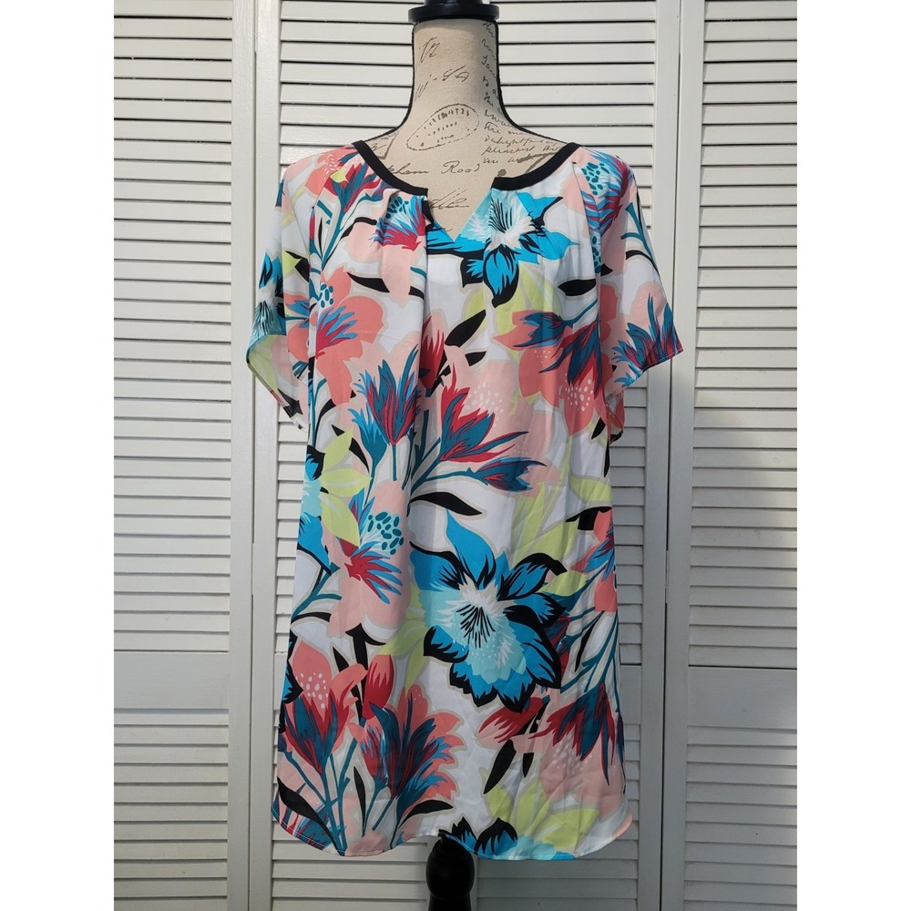 Worthington Pleated Scoop Neck Blouse Women's Size 2XL Vibrant Tropical Floral